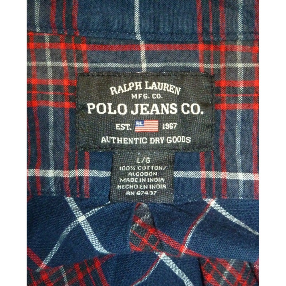 Polo Jeans Co Ralph Lauren Shirt Mens Large Blue Plaid Long Sleeve Button Up